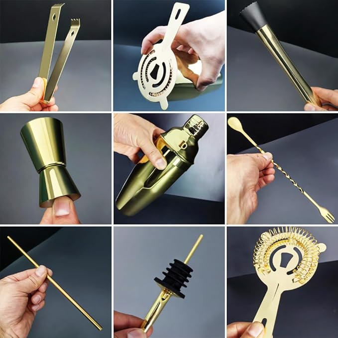 14-Piece Cocktail Shaker Set Bartender Kit with Black Stand, Bar Tool Set for Drink Mixing Bartending Kit Bar Sets Accessories: 750ml(25oz) Shaker, Jigger, Muddler, Cocktail Recipes (Gold)-CasaMuseHome