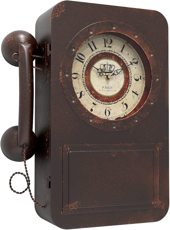 Abdurey Retro Old Telephone Wall Clock with Hidden Safe, Battery Operated Quartz Metal Wall Clocks, Large Rectangular Vintage Decor Clocks, for Farmhouse, Living Room(16" H x 12" W x 4" D)-CasaMuseHome