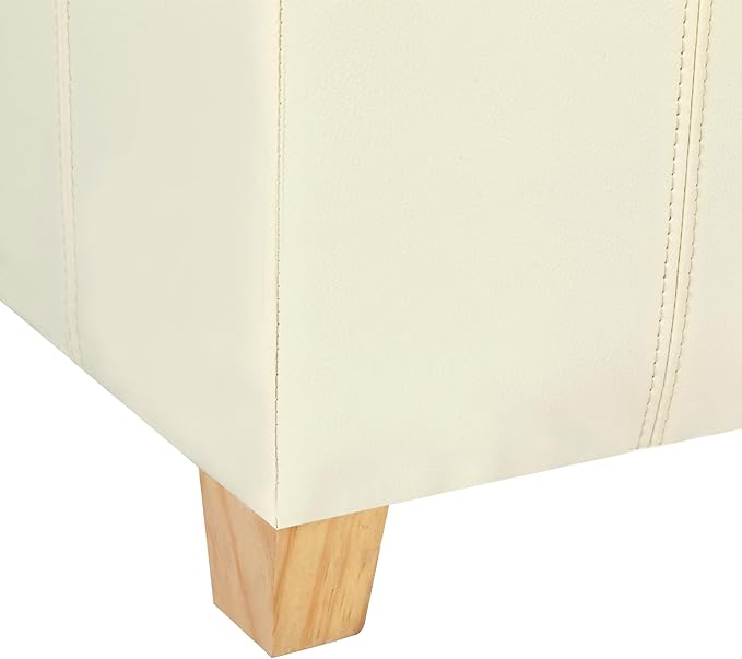Adeco Faux Leather Storage Ottoman with Hinged Lid, 17.5 Inch High Cream White Square Cube Foot Stool with Storage, Upholstered Vanity Stool with Solid Wood Legs for Living Room, Bedroom, Dorm-CasaMuseHome