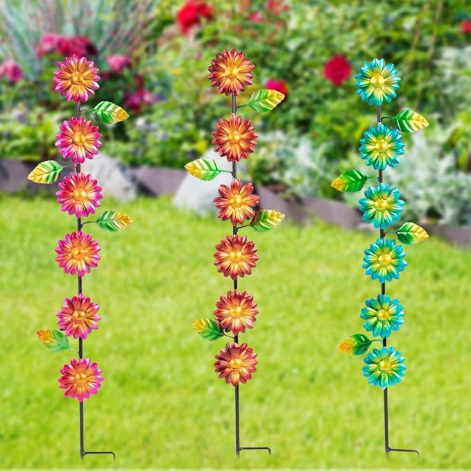 3Pack Flowers Decorative Garden Stakes,Spring Outdoor Metal Flowers Decorations,Metal Yard Art for Outside Patio Porch Decor（22.6 * 5.1IN）-CasaMuseHome