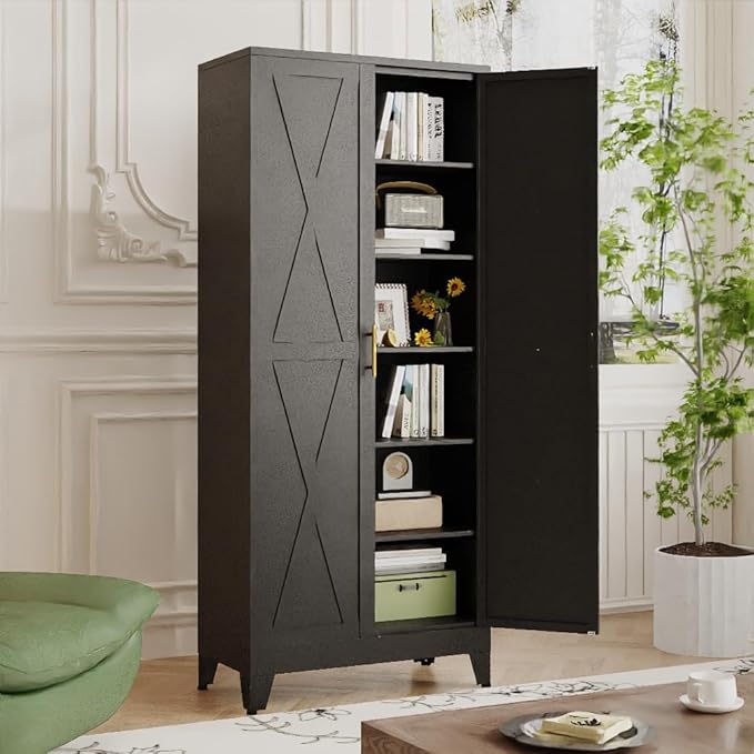 75" Tall Metal Kitchen Pantry Storage Cabinet, Freestanding Cupboard with 2 Doors and 5 Adjustable Shelves, Standing Storage for Kitchen, Bathroom, Garage, Dinning Room or Utility Room（Black）-CasaMuseHome