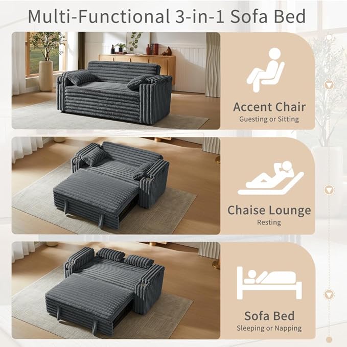 68.11" Corduroy Convertible Sofa Bed with USB Charging Port, Foldable Sleeper Chair with Pillows & Armrests, 3-in-1 Floor Couch for Living Room, Bedroom, Guest Room – Dark Gray-CasaMuseHome