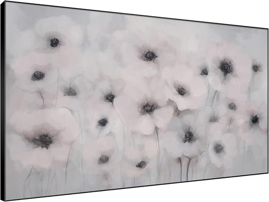 46"x72" Extra Large Framed Wall Art Soft White Poppies Watercolor Floral, Delicate Botanical for Home Living Room Bedroom Decor (Frame Assembly Required)-CasaMuseHome