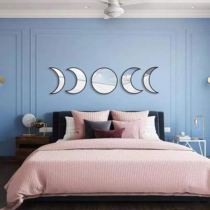 5 pcs Scandinavian Natural Decor Acrylic Moonphase Mirrors Interior Design Wooden Moon Phase Mirror Bohemian Wall Decoration for Home Living Room Bedroom Decor - No Need to Punch (Black)-CasaMuseHome
