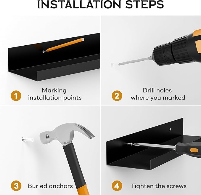 4 Pack Floating Shelves for Wall Storage, Metal Black Hanging Shelves for Living Room/Kitchen/Bedroom/Bathroom Decor, Set of 4 Organizer for Display, Perfume & Book Shelf Wall Mounted-CasaMuseHome