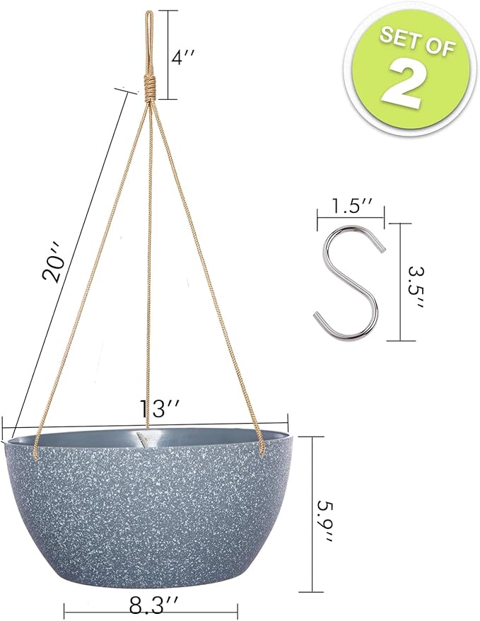 13 Inch 2 Pack Large Hanging Planters for Indoor Outdoor Plants, Plastic Hanging Basket Pots for House Plants Flowers, Grey-CasaMuseHome
