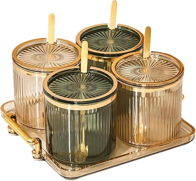 Acrylic Condiment Spice Jars,Condiment Spice Box With Lids and Spoons and Tray,Clear Plastic Condiment Canisters,Seasoning Box 4 Pack,Seasoning Box Set for Kitchen to Storage Salt,Paprika,Sugar-CasaMuseHome