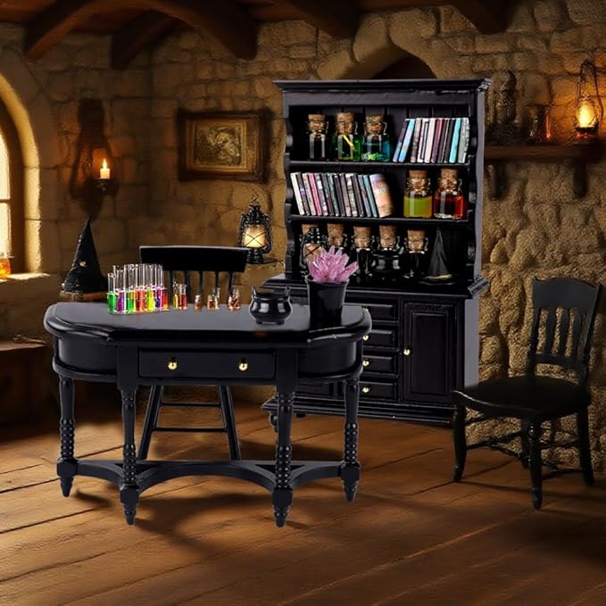 56 Pcs Halloween Miniatures Decorations 1:12 Scale Magic House Accessories Mini Wooden Bookshelf Furniture Set Tiny Sorcery Bottles Books Desk Chair Witch Hat Dollhouse Decor-CasaMuseHome