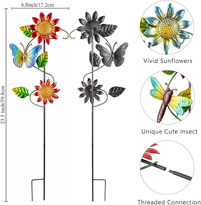 3 Pcs Sunflower＆Butterly＆Ladybug＆Dragonfly Decorative Garden Stakes,23.5 in Metal Sunflower Yard Art for Outside Decor,Spring Outdoor Decor for Mom,Women,Grandma-CasaMuseHome
