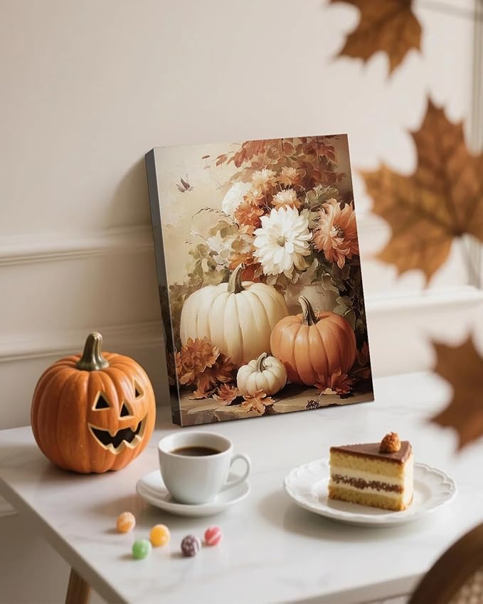 AbcCustomize Vintage Pumpkin Floral Wall Art Decor, Rustic Fall Daisy Flowers Canvas Print for Farmhouse Autumn Decor, Thanksgiving Decorations for Living Room Kitchen Dining Room, Ready to Hang-CasaMuseHome