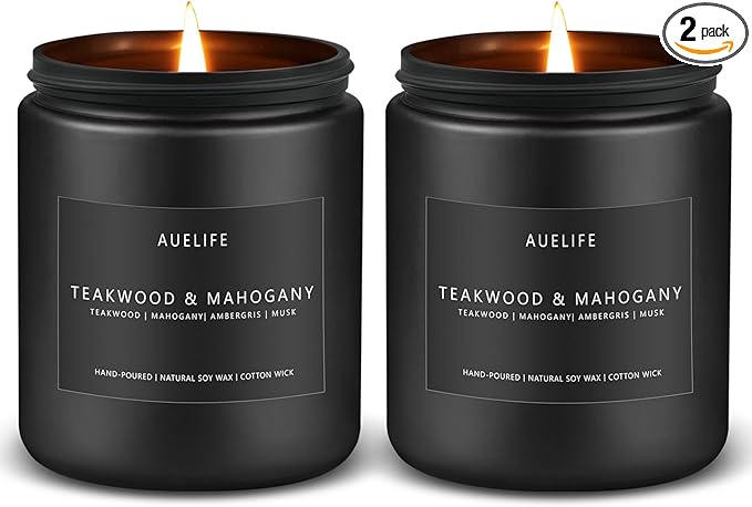 2 Pack Teakwood & Mahogany Candle | Scented Candles for Men, Man Gifts for Men - Masculine Candles - Soy Candle for Home Scented - 7oz Black Jar, Long Lasting-CasaMuseHome