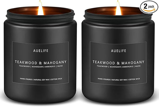 2 Pack Teakwood & Mahogany Candle | Scented Candles for Men, Man Gifts for Men - Masculine Candles - Soy Candle for Home Scented - 7oz Black Jar, Long Lasting-CasaMuseHome