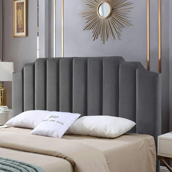 24KF Dark Gray Velvet Tufted King Upholstered Headboard, Modern Vertical Channel Design California King Headboard with Stepped Silhouette Top Edge,Dark Gray-CasaMuseHome