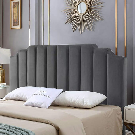 24KF Dark Gray Velvet Tufted King Upholstered Headboard, Modern Vertical Channel Design California King Headboard with Stepped Silhouette Top Edge,Dark Gray-CasaMuseHome