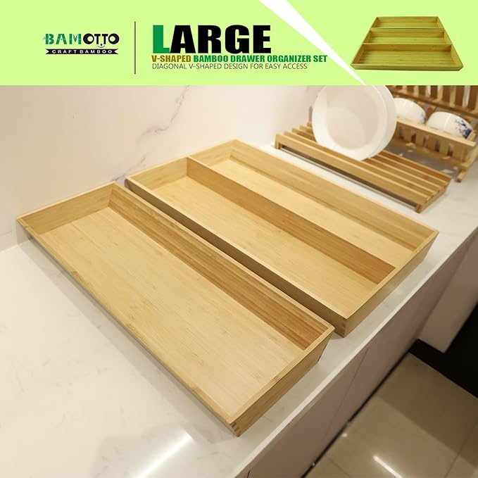 2-Piece V-Shaped Bamboo Drawer Organizer - Ideal for Kitchen's Large Long Tableware, Cooking Utensils, Flatware, Silverware - Wood Storage Box for Home, Bedroom, Bathroom (19.6"x12.4" & 19.6"x7.8")-CasaMuseHome