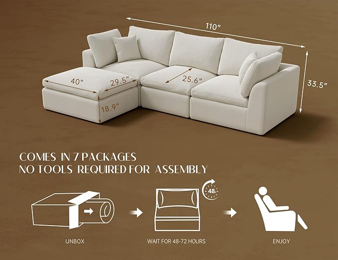 110" Cloud Sectional Couches for Living Room, Convertible L-Shape Couch with Ottoman, 3 Seater Modular Sectional Sofa, Warm White-CasaMuseHome
