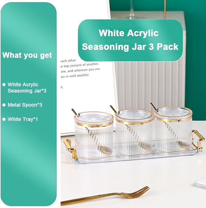 Acrylic Condiment Spice Jars and Box with Lids, Spoons, Tray - 3 Pack, Clear Plastic Canisters, Seasoning Box Set for Salt, Paprika, Sugar - Kitchen Storage-CasaMuseHome