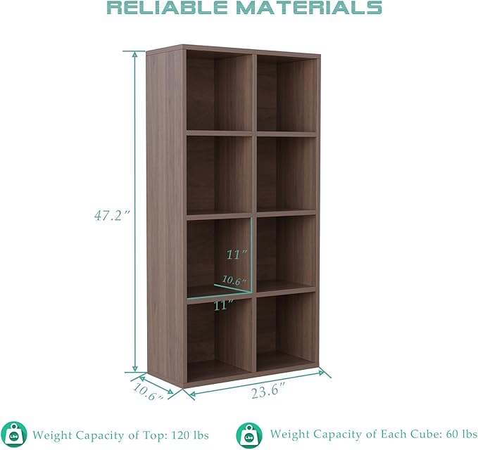 8-Cube Storage Shelf Bookcase - Wooden 4-Tier Floor Standing Open Bookshelf for Home and Office, Cuby Orgainzer, Walnut-CasaMuseHome