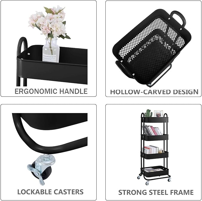 4-Tier Metal Mesh Utility Rolling Cart Storage Organizer Shelf Rack with Lockable Wheels for Living Room Kitchen Office, Black-CasaMuseHome
