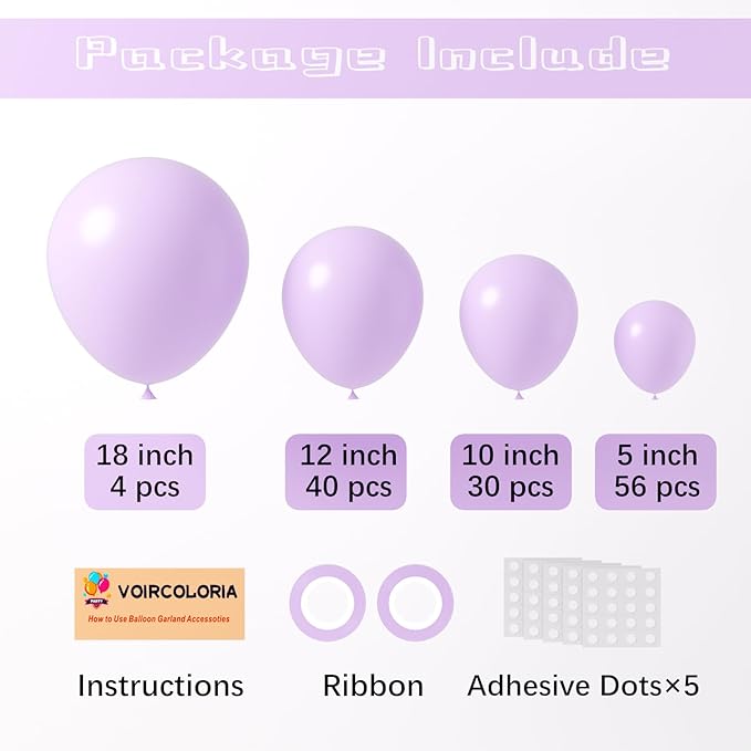 130pcs Pastel Purple Balloons Different Sizes 18" 12" 10" 5" Light Purple Latex Balloon Garland Arch Kit for Birthday Baby Shower Graduation Wedding Gender Reveal Party Decorations-CasaMuseHome