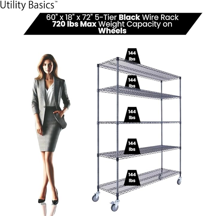 60"x18"x72" Black 5-Tier Premium Wire Shelving NSF 4000 LBS MAX Capacity Heavy Duty Steel Storage Rack for Warehouses, Garages, Hospitals, Commercial Spaces, & Schools w/Premium Wheels-CasaMuseHome
