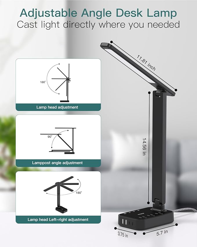 Addtam LED Desk Lamp, Power Strip with 3 Outlets 4 USB Charging Ports(2 USBC), 4 Modes 5 Level Brightness Touch Lamp, Small Desk Lamp for Home Office College Dorm Room Essentials-CasaMuseHome