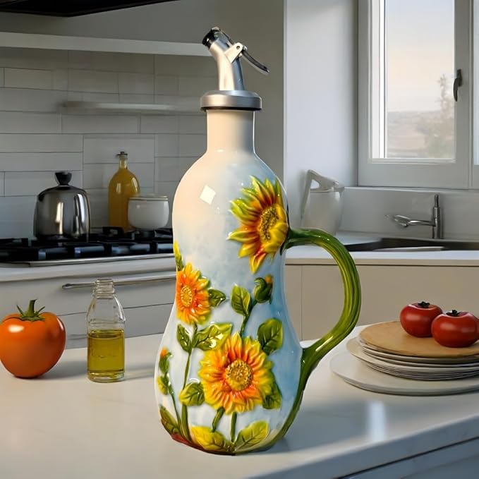 18.26oz/540ml Ceramics Olive Oil Dispenser Bottle,Hand Painted Reliefs Oil Dispenser for Kitchen,Oil Bottles for Kitchen (Sunflower)-CasaMuseHome