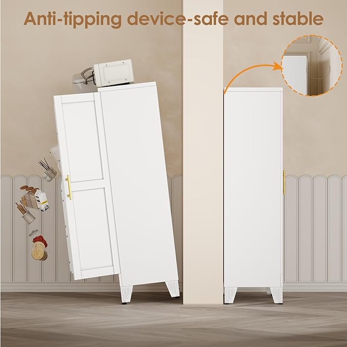 51" Kitchen Pantry Cabinet, Metal Storage Cabinet with 3 Adjustable Layer Shelves, 8 Door Shelves, Buffet Sideboard for Living Room, Kitchen, White-CasaMuseHome