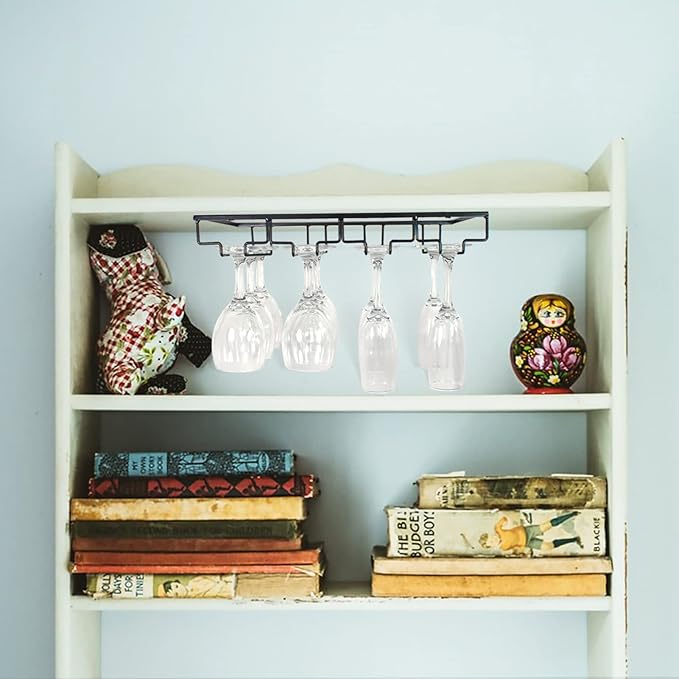 4 Rows Wine Glass Rack Under Cabinet Hanging Stemware Wine Glass Holder Under Shelf Wire Wine Glasses Racks Hanger for Bar, Kitchen (1, 4 Rows)-CasaMuseHome