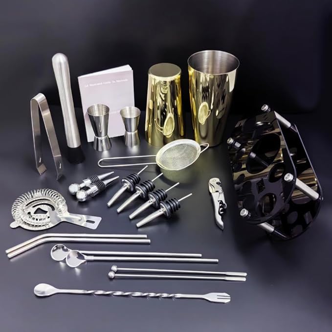 22-Piece Cocktail Shaker Set, 25/20oz Bartender Kit, Bartending Stainless Steel Bar Tools Sets for Drink Mixing, Boston Cocktail Shakers with Stand Recipes Booklet (Rose Copper-25-20oz)-CasaMuseHome