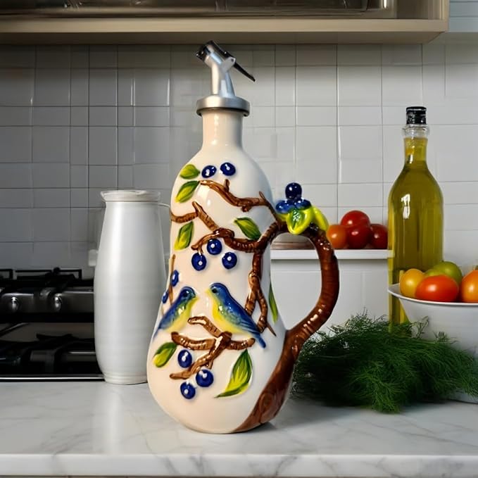 18.26oz/540ml Ceramics Olive Oil Dispenser Bottle,Hand Painted Reliefs Oil Dispenser for Kitchen,Oil Bottles for Kitchen (Blueberry)-CasaMuseHome