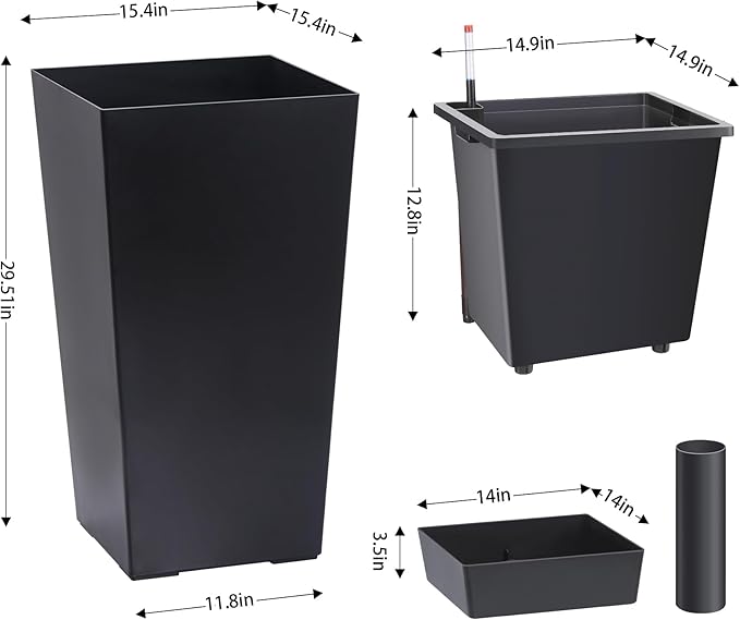 30" Tall Planters Set of 2, Outdoor＆Indoor Black Planter Pots, High Front Porch Planter Pots with Drainage Holes＆Water Level Monitor Movable Wheels ＆Inner Bucket, Automatic Watering,Black-CasaMuseHome