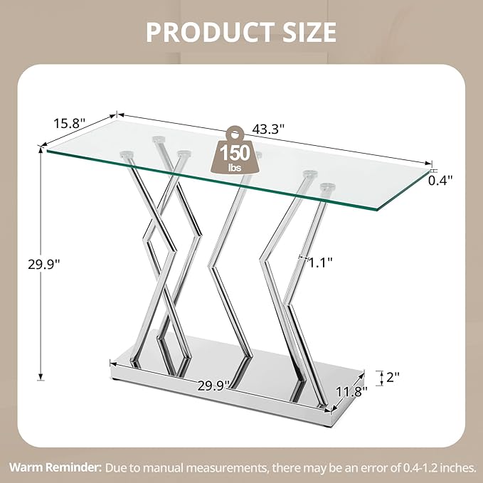 43.3" Glass Modern Console Table, Sturdy Silver Entryway Table with Stainless Steel Base, Rustic Entrance Table, Minimalist Narrow Tables for Living Room & Office-CasaMuseHome