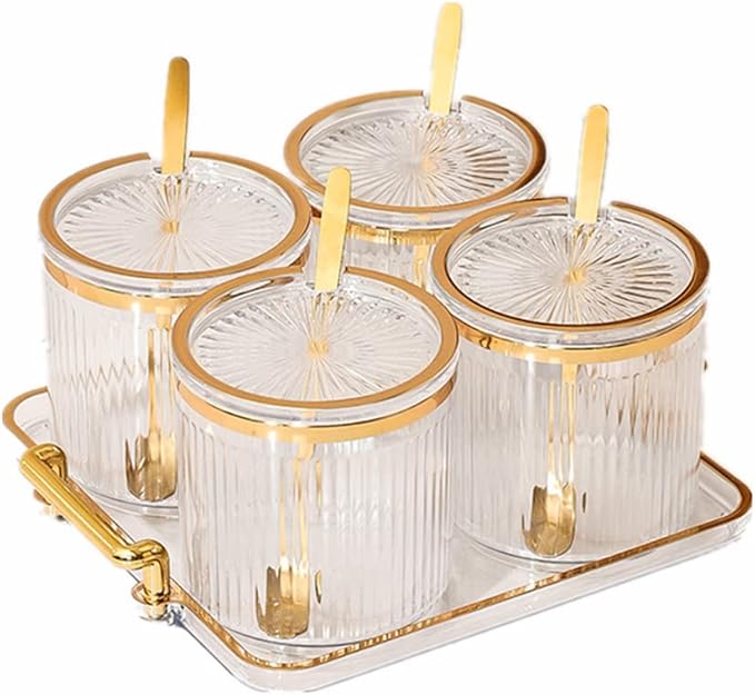 Acrylic Condiment Spice Jars,Condiment Spice Box With Lids and Spoons and Tray,Clear Plastic Sugar Salt Canisters,Seasoning Box 4 Pack,Seasoning Box Set for Kitchen to Storage Salt,Paprika,Sugar-CasaMuseHome