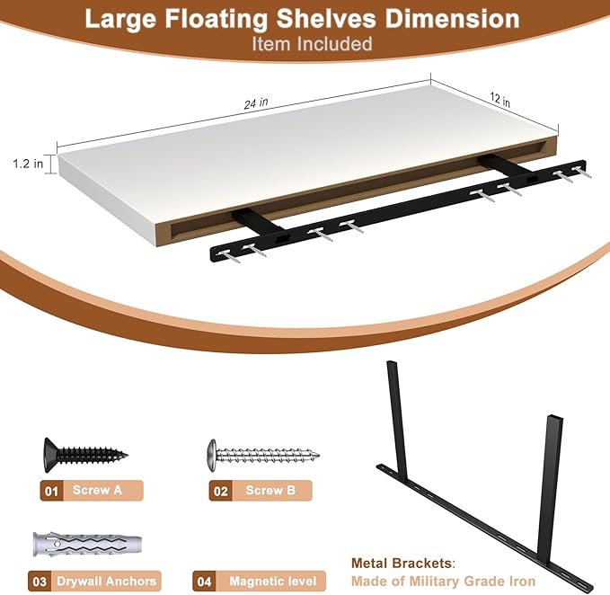 12 Inch Deep Floating Shelves for Wall 1 Pack White Floating Shelves Large Storage Space Wall Mount Shelf for Living Room Kitchen Bathroom 24" W x 12" D x 1.2" H White-CasaMuseHome