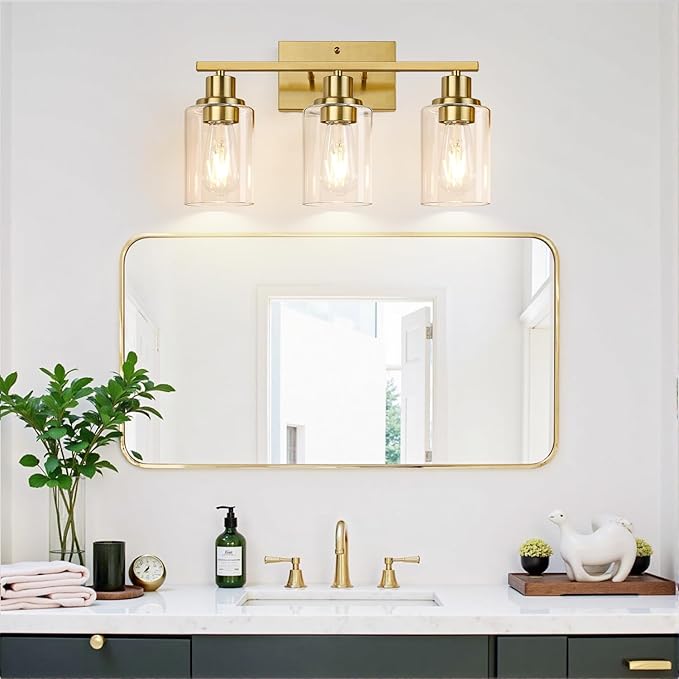 3-Light Vanity Lights with Clear Glass Shades, Brushed Gold Bathroom Light Fixtures Over Mirror, Modern Bathroom Wall Lamp for Mirror Living Room Cabinet Bedroom Porch-CasaMuseHome