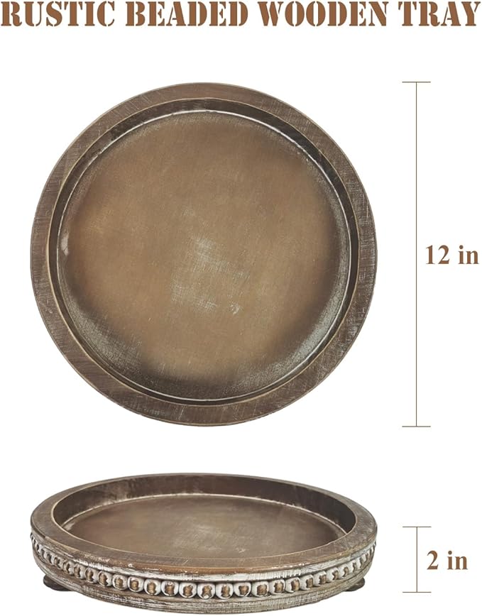 12 Inches Rustic Wooden Decorative Tray, Small Round Beaded Wood Tray for Kitchen Dinning Table Centerpiece Decor Entryway Living Room Home Decor, Brown-CasaMuseHome