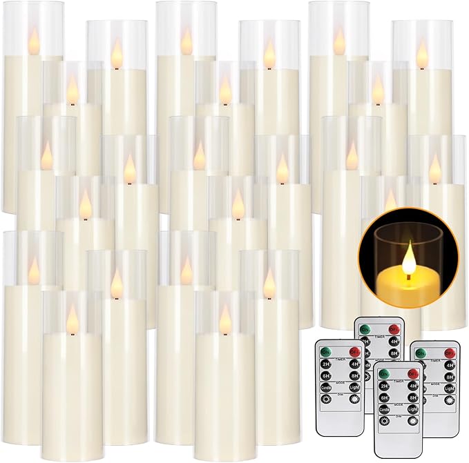 24-Pack Acrylic LED Flameless Pillar Candles with Remote & Timer, Battery Powered - Perfect for Indoor/Outdoor Decor,Wedding,BBQ and Gift - Easily Create a Magical Atmosphere.-CasaMuseHome