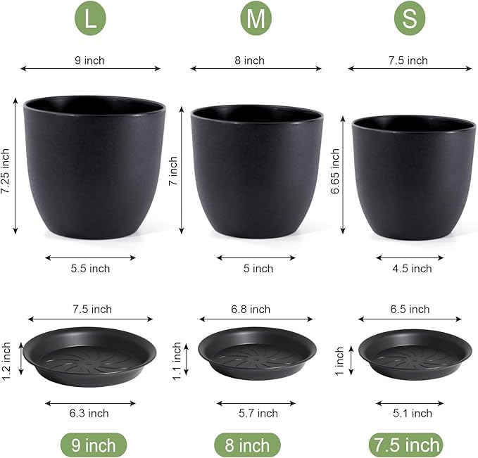 9/8/7.5 inch Plant Pots, Set of 3 Modern Decorative Plastic Planters with Drainage Holes and Tray, Flower Pots for Indoor Outdoor Plants, Black-CasaMuseHome