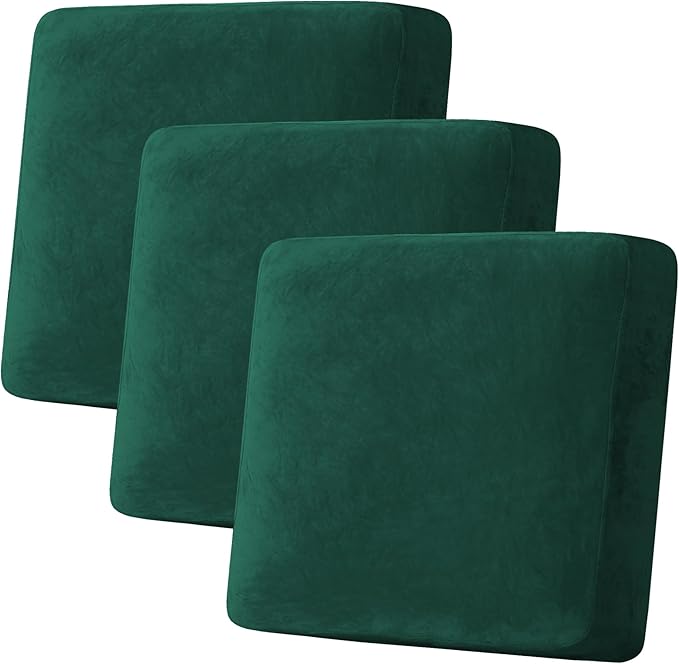 H.VERSAILTEX Velvet Stretch Couch Cushion Cover Plush Cushion Slipcover Cushion Furniture Protector Seat Cushion Sofa Cover (3 Piece XL Sofa Cushion Covers, Vintage Green)-CasaMuseHome