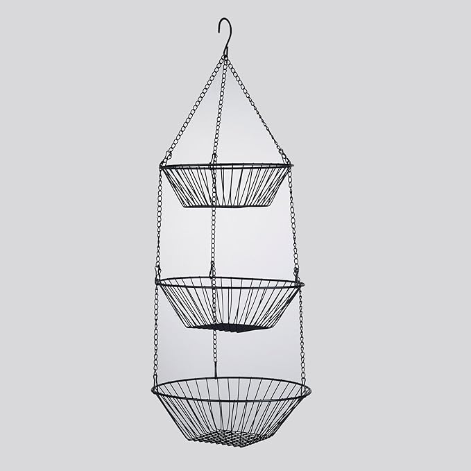 3-Tier Wire Fruit Hanging Basket 2 Packs,non-Punching Wall Hanging Storage,Kitchen Bathroom Organization Basket,Suitable for Bathroom,Kitchen,Closet,Garden,Black-CasaMuseHome
