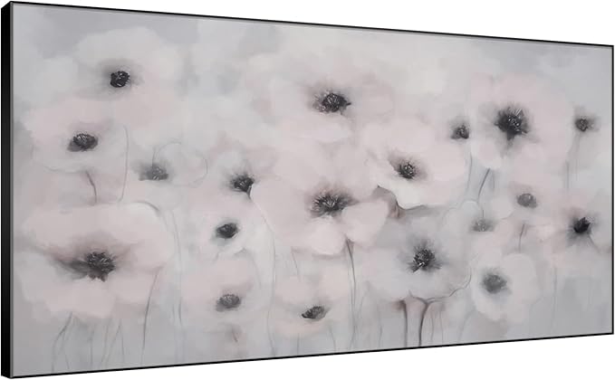 24"x46" Extra Large Framed Wall Art Soft White Poppies Watercolor Floral, Delicate Botanical for Home Living Room Bedroom Decor (Frame Assembly Required)-CasaMuseHome
