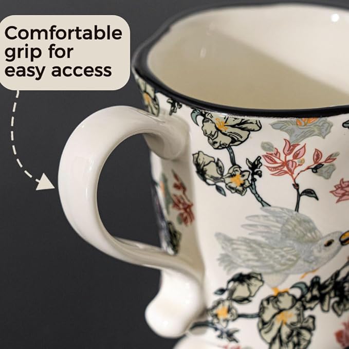 360ml -12.17oz Painted Floral & Bird Ceramic Mug - Cute Coffee Cup for Latte, Espresso - Gift for Women, Dishwasher Safe-CasaMuseHome