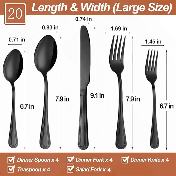 20 Pcs Black Silverware Set for 4 with Pearled Edge Handle design, Food Grade Stainless Steel Flatware Set, Eating Utensils Sets Include Fork/Knife/Spoon, Reusable Cutlery Set, Dishwasher Safe-CasaMuseHome