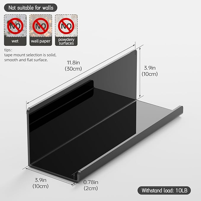 Acrylic Floating Shelves for Wall No Drilling, Self Adhesive Space-Saving Shelves, 12 Inch Floating Shelf Stick on Wall Shelf, for Bathroom, Kitchen, Bedroom, Office, Gaming Room, Black-CasaMuseHome