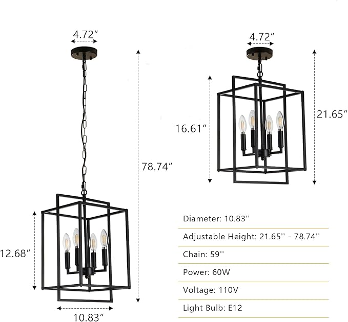 4-Light Vintage Black Chandelier, Foyer Lighting Fixtures Farmhouse Chandeliers for Dining Room, Modern Industrial Lantern Pendant Light for Kitchen Island Entryway Stairway-CasaMuseHome