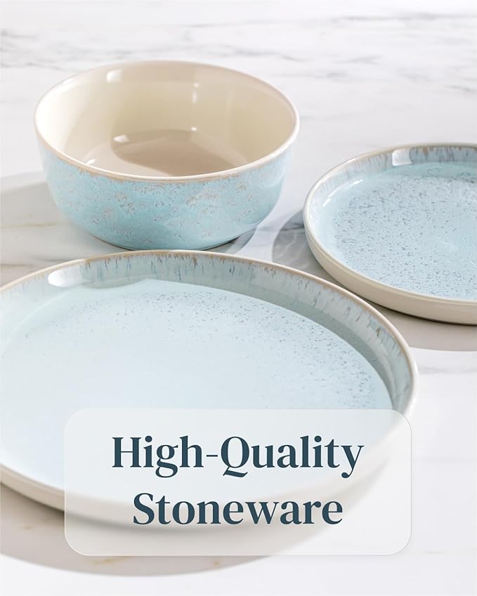 24 Piece Dinnerware Sets for 8 - Modern Style Stoneware Dinnerware Set - Microwave Safe Dinner Plates and Bowls Sets for 8, Ceramic Dish Set, Bowl and Plate Sets for 8, Beige Light Blue Set for 8…-CasaMuseHome