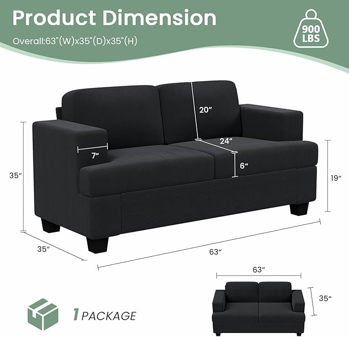 3 Pieces Corduroy Couch Set for Living Room, 7 Seats Cloud Sofa, Deep Seat Floor Couch for Bedroom, Futon Modern Sofa Sectional Bed, Black Corduroy-CasaMuseHome