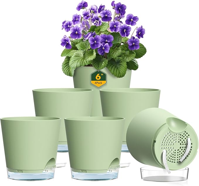 6 inch Self Watering Pots for Indoor Outdoor Plants, 6 Pack Flower Plant Pots with Drainage Holes and Clear Reservoirs, Visible Water Level, Plastic Planters with Wicking Rope, Green-CasaMuseHome
