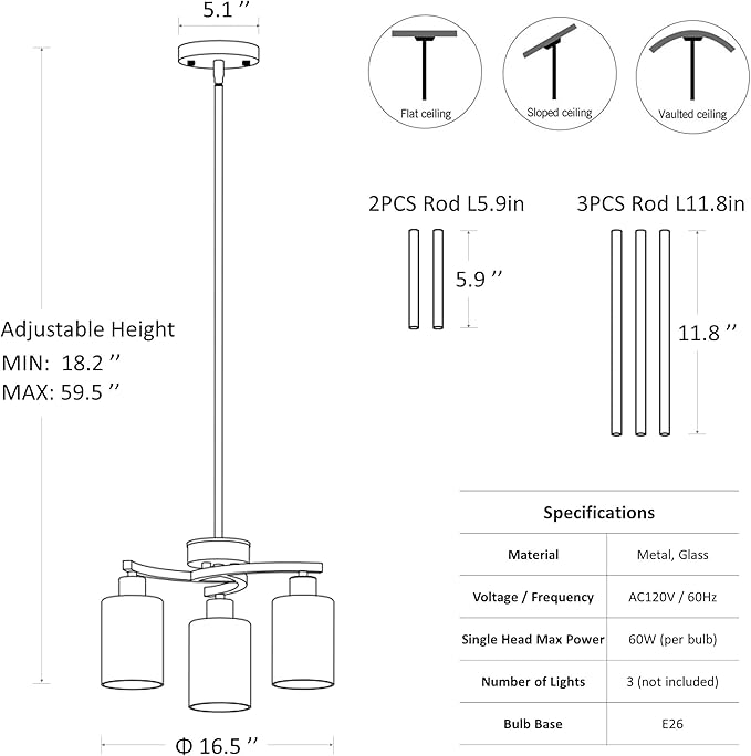 3-Light Brushed Nickel Pendant Lighting for Kitchen Island, Hanging Dining Room Light Fixtures Over Table, Industrial Chandelier for Entryway Hallway Foyer Bedroom, Clear Glass Shade-CasaMuseHome